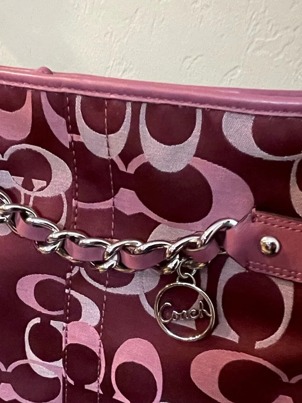 Berry pink mauve Signature-Print Crossbody Shoulder Bag sateen leather silver
